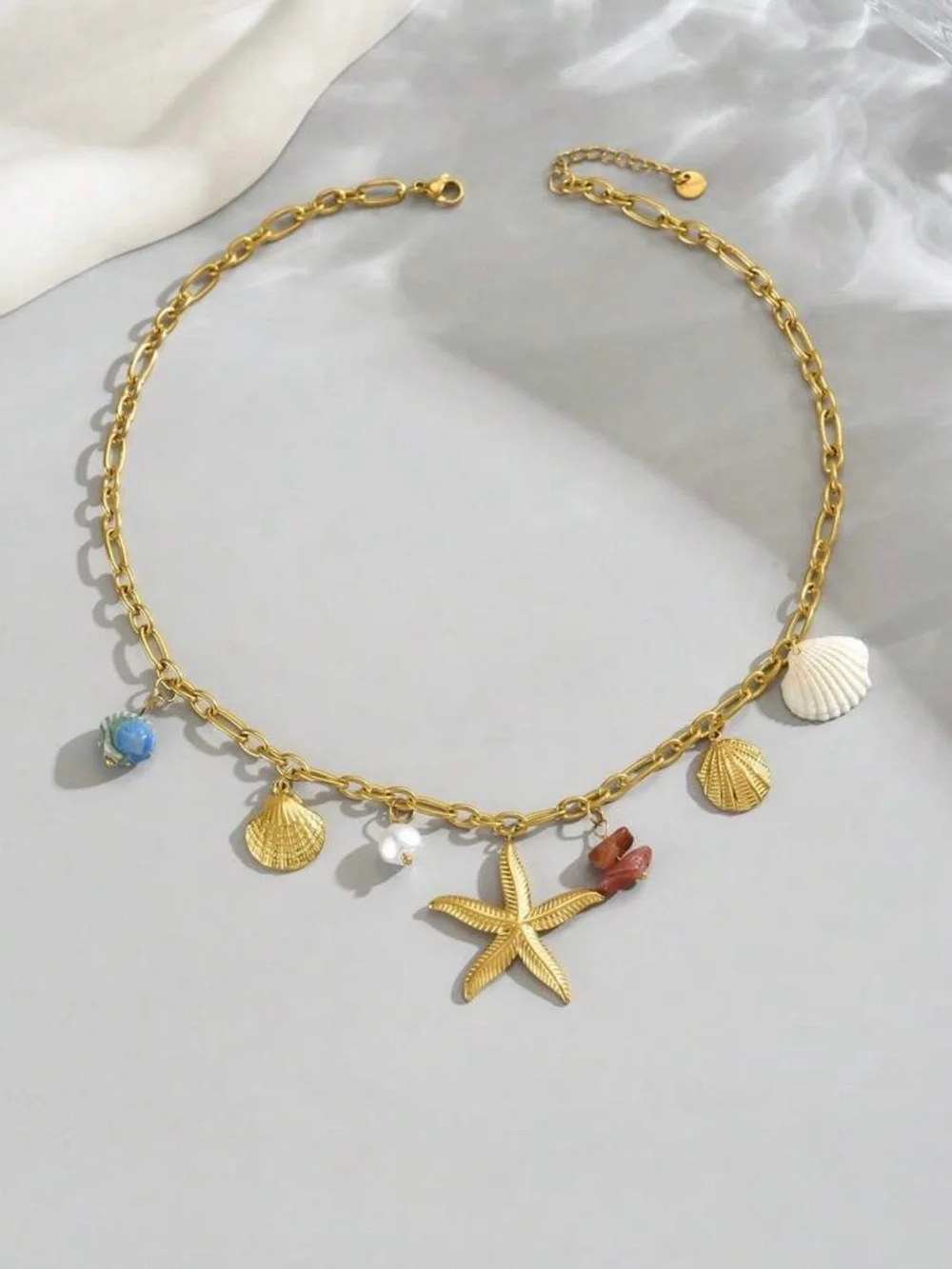 Gold Seashell & Starfish Charm Necklace - Beach Pendant Jewelry